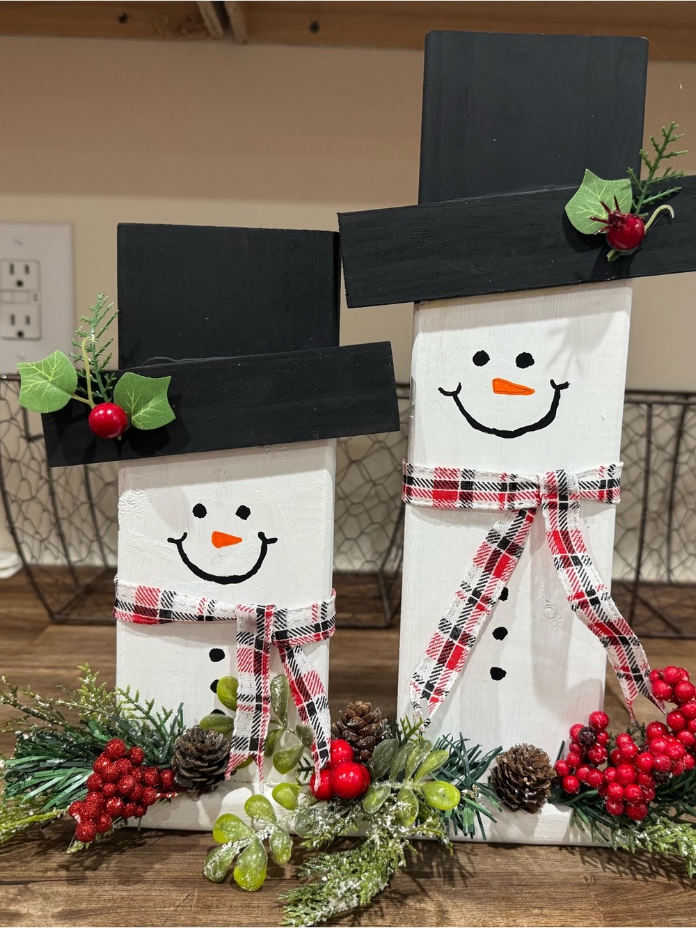 Festive White Wooden Snowman Décor with Black Top Hat - Holiday Table Accent